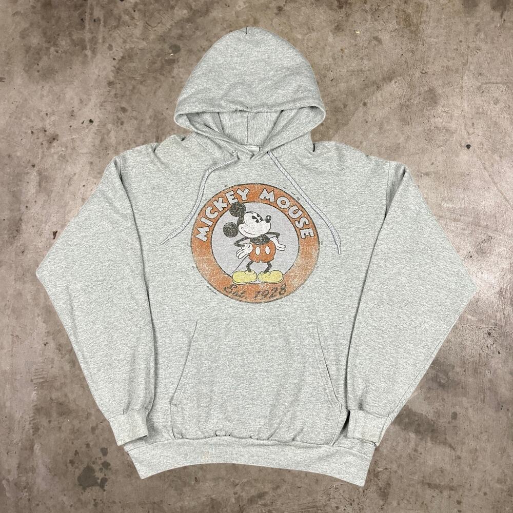 Vintage Mickey Mouse Est 1928 Hoodie Disney Hanes Sweatshirt Gray Womens Size L